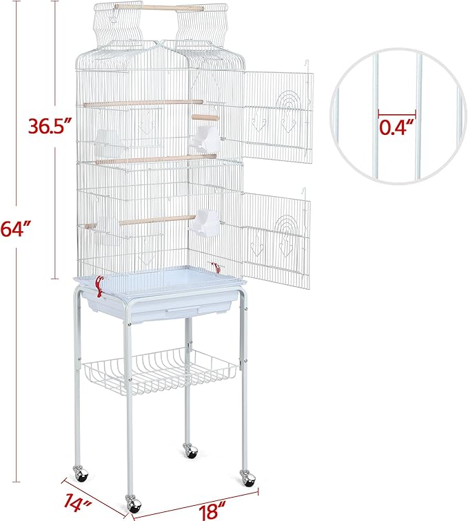 Topeakmart Open Play Top Large Parakeet Bird Cage for Small Birds Parrots Budgies Finches Canaries Lovebirds Metal Bird Cage with Rolling Stand, White
