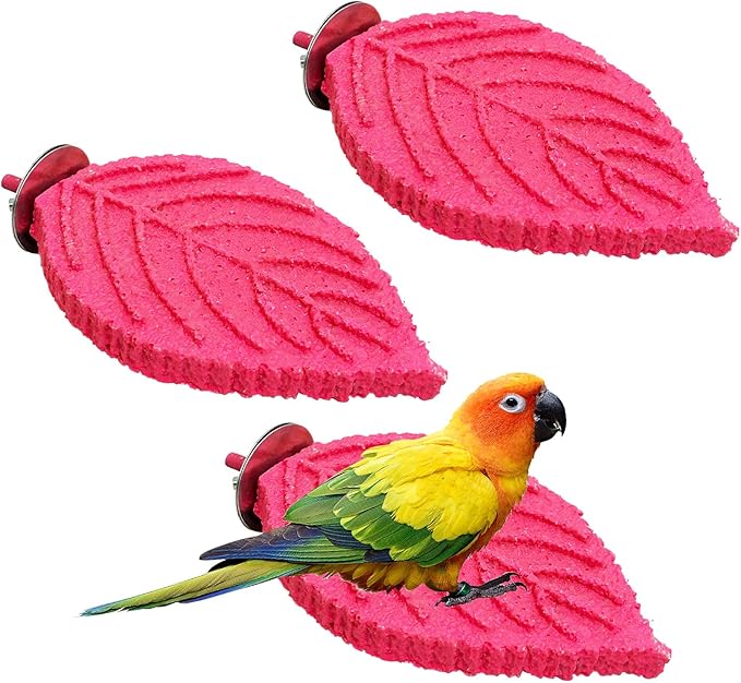3 Pcs Bird Perch Resin Bird Beak Grinding Stone Leaf Shape Perch Stand Foot Clawing Trimmer Platform Cage Accessories for Cockatiels Conures Budgies Lovebirds (Pink)