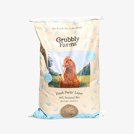 Grubbly Farms Fresh Pecks Layer Chicken Feed Textured Mix - 16% Layer Feed for 20+ Week Old Hens, Batams, and Larger Breeds - Contains Black Soldier Fly Grubs - No Soy, Corn, or Fish - 30 lb Bag