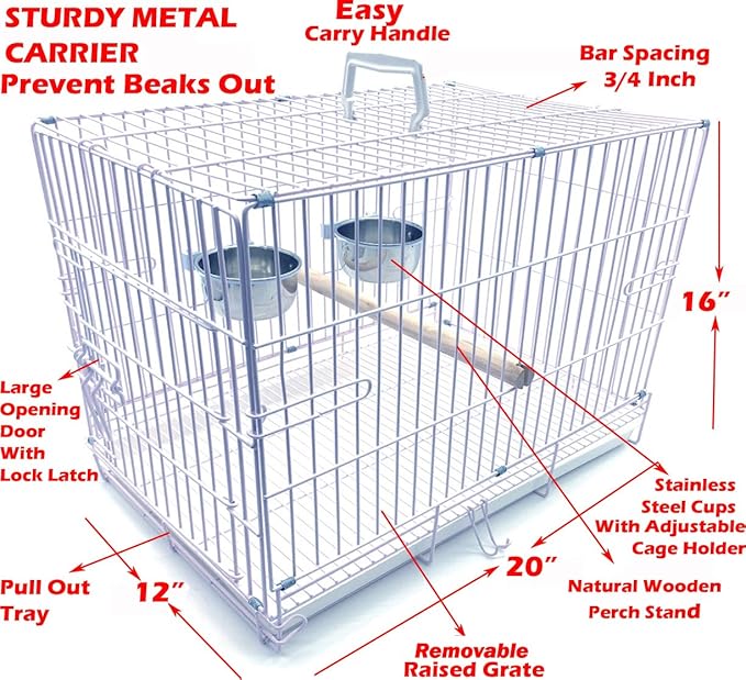 Easy Collapsable Bird, Dog and Cat Carrier Travel Carrier Metal Wire Prevent Beaks Out Cage with Stainless Feeder Cups Wooden Stand Perch