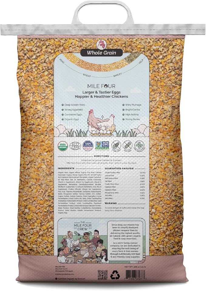 Mile Four Organic Chicken Feed (46 lbs) Layer Whole Grain, Non-GMO, USA Grown, 16% Protein, Corn-Free, Soy-Free, Non-Medicated Feed for Chickens