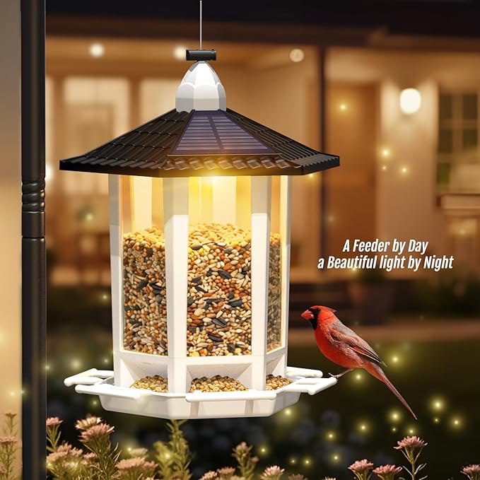 Birdream Solar Bird Feeders for Outdoors Hanging, Assembly Required, 1-Min Easy Setup, Wild Seed Feeders for Cardinals Chickadees and Finches