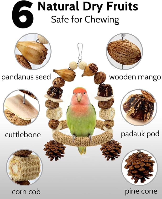 2Pcs Natural Bird Chew Toys, Wood Parakeet Swing Toys with Sisal Wrap for Claw Grinding, Hanging Safe Chew Toys for Parrot Beak Care, Multi-Play Design Cockatiel Toys for Budgie Conure Keeps Busy