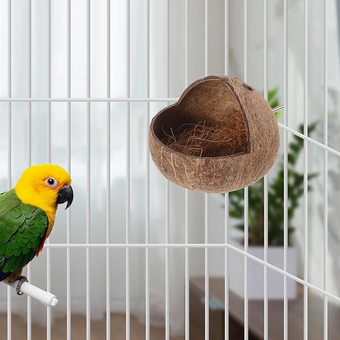 Kisangel Coconut Shell Bird Nest Parrot House for Cage with Exercise Space Bird Bed for Breeding Suitable for Lovebirds Parakeets 5.31X5.31X5.11 Inches