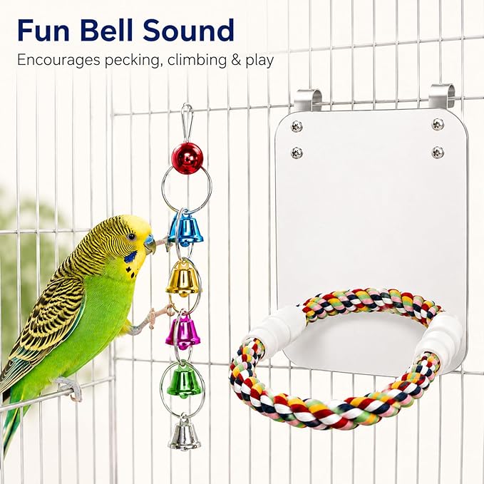 7" Bird Mirror with Rope Perch Bird Toys Swing, Comfy Perch for Greys Amazons Parakeet Cockatiel Conure Lovebirds Finch Canaries