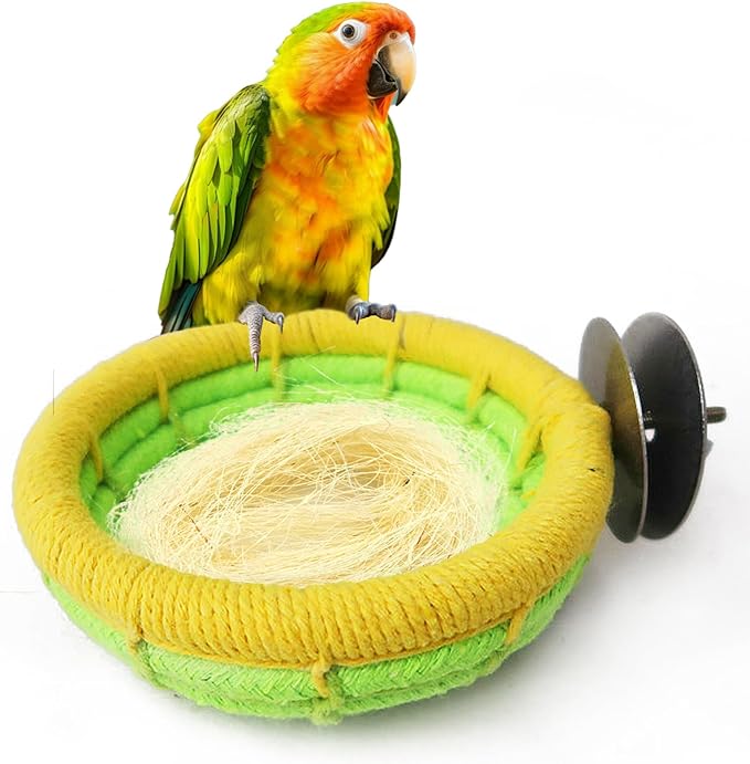 Cotton Rope Parakeet Nest Handmade Bird Breeding Nest Cockatiel Hatch Rope Bed Green Base Canary Snack Bowl for Parrot Conure Finch Budgie Lovebird