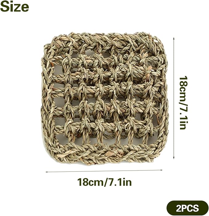 2 PCS 7 x 7 Inches Seagrass Mat, Natural Seagrass Woven Bird Net Hammock Mat, Cage Accessories, Climbing Rope Ladder Chew Toys for Parrots, Cockatoos, Lovebirds, Cockatiels, Budgies, Parakeets