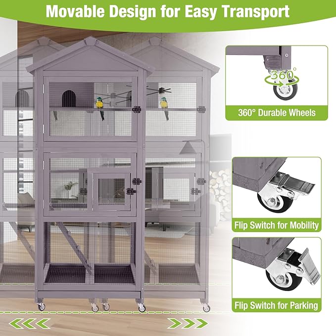 GUTINNEEN Bird Cage Outdoor Wooden Aviary Indoor, 70" H Large Parrot Cage with 4 Casters, Flight Bird Cages for Parrot Lovebirds Finches(Grey)