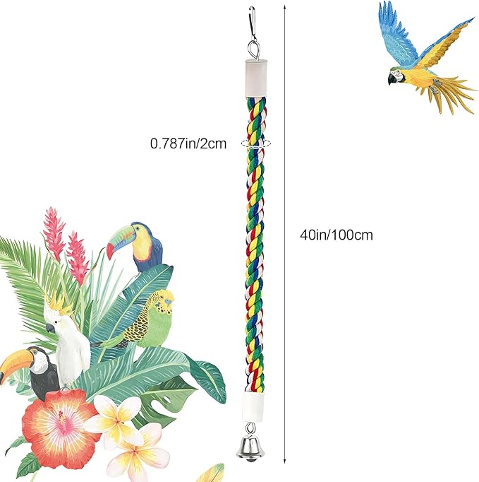 40" Bendable Cotton Bird Rope Perch Swing Set, Colorful Cage Accessories for Parrots Conures Cockatiels Lovebirds Budgerigars Parakeets