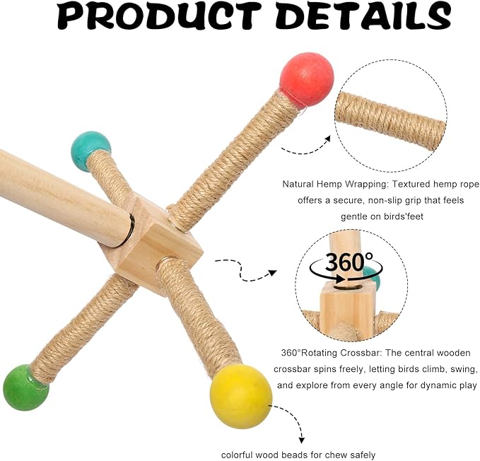 1pcs Bird Stand Perch Toy Interactive Wood & Hemp Rope Perch Enrichment Exercise for Small Medium Parrots Easy Install Birdcage Accessory Long Hemp Rope