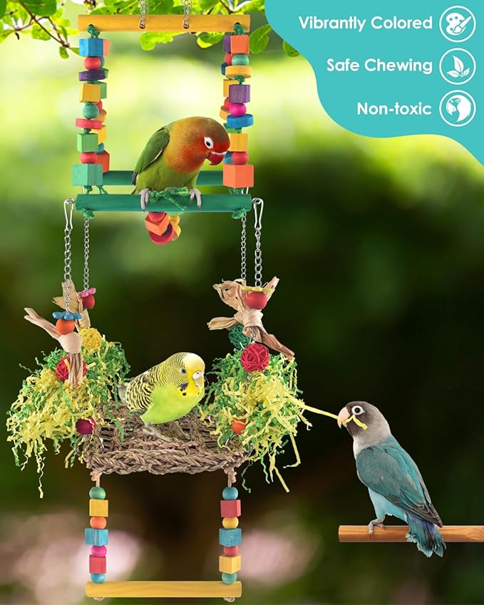 DBNESS Bird Hammock Toys Parakeet Perches Swing, 3in1 Detachable Parrot Cage Accessories, Wooden Hanging Chew Toys for Medium Conure Cockatiel Quaker Lory
