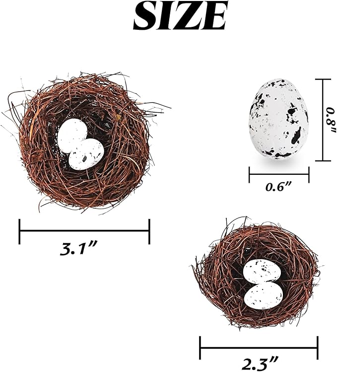 GXXMEI 24PCS/Set Small Faux Bird Nest with Eggs for Crafts, Artificial Rattan Birds Nest for Easter Wedding Home Party Christmas Tree Decoration (8pcs Mixed Small Size Nest, 16pcs Eggs)