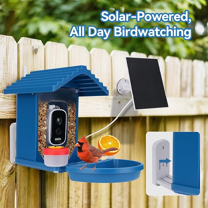 Bird Feeder with Camera Solar Powered,2.5K HD Video Bird House Live View,Smart AI Bird Species Identification for Outside Garden,Birds Bath,Ideal Gift for Birds Lover,Hummingbird (Blue)
