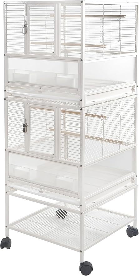 Stackable Breeding Bird Cage with Splash-Proof Baffle, Rolling Stand with Wheels, for Aviaries, Canaries, Cockatiels, Lovebirds, Finches, Budgies, Small Parrots, White. (2F)