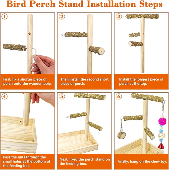 BNOSDM Wooden Bird Feeder for Cage Natural Wood Parrot Feeding Cups Bird Food Dish with Perch Stand for Parakeets, Budgies, Cockatiels, Lovebirds, Finches, Pigeons