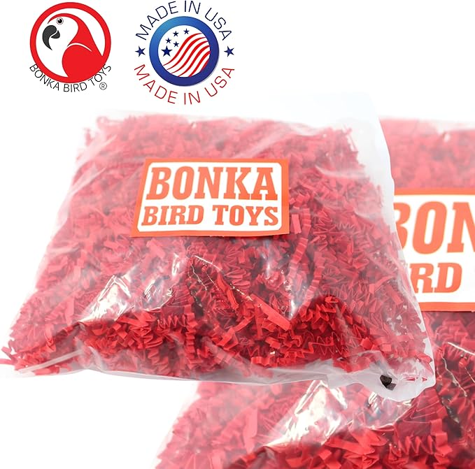 Bonka Bird Toys Colored Crinkle Shred Paper Chew Forage Nesting Treat Natural Multi-Use Craft Part Projects Cockatiels Parakeets Conures Amazons and Other Similar Birds (Red)