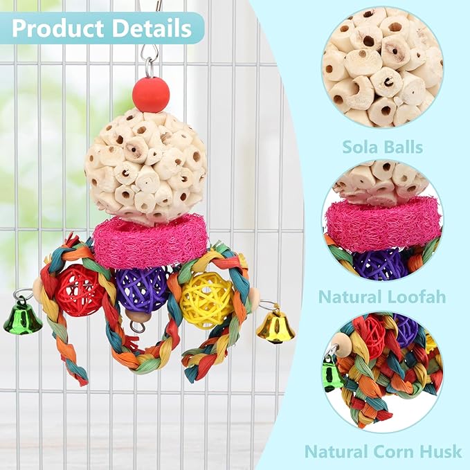 Wontee Bird Toys 3 Pack Parrot Foraging Hanging Toys Sola Ball Natural Nuts Chew Toys for Cockatiels Conures Parakeets Budgies Senegal (2 Pack-Colorful)