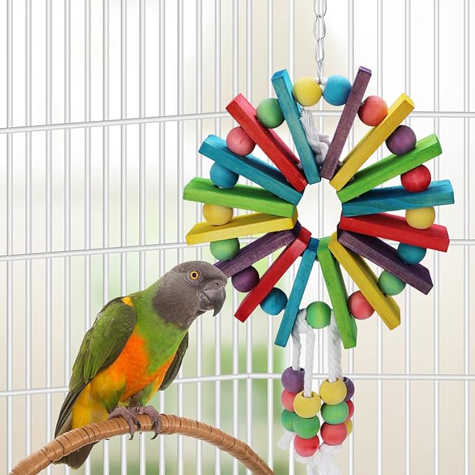 Litewoo Parrot Hanging Chew Toy Bird Bite Swing with Colorful Wood Beads Bells for Parrot Macaw African Greys Cockatiels Cage Accessories (Colorful Wood Toy)