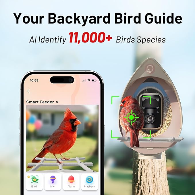 Smart Bird Feeder with Camera Solar Powered Outdoor - 2K HD Live Video, AI Bird ID (11,000+ Species), Squirrel-Proof, Instant Alerts & IP65 Weatherproof Outside, Great Gift for Birdlovers,Light Camel