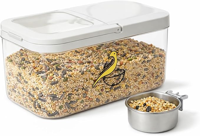 Bird Seed Storage Container, 5.4 Qt/6 L Pet Food Container with Measuring Cup & Stainless Steel Bird Feeder Bowl, Airtight Wild Birds Seed Dispenser, Plastic BPA Free, Clear