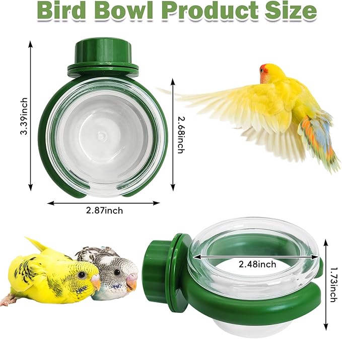 PINVNBY 4 PCS Bird Food Bowl Bird Cage Feeder with Clamp, Easy to Install Feeding Dish Cups Transparency Parakeet Food Dish for Finches Lovebirds and Long-Tailed Parrots （Green）