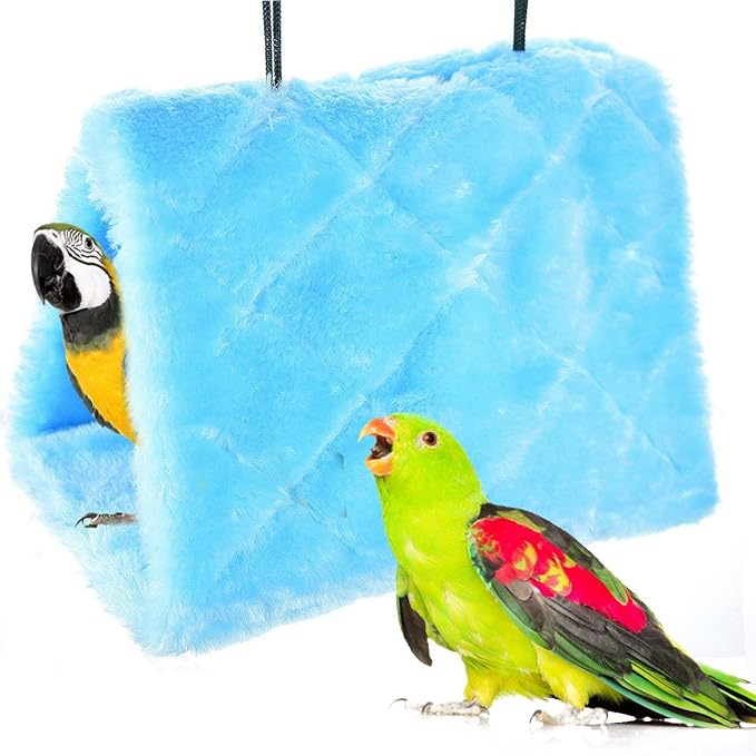 Winter Warm Bird Nest House Shed Hut Hanging Hammock Finch Cage Plush Fluffy Birds Hut Hideaway for Hamster Parrot Macaw Budgies Eclectus Parakeet Cockatiels Cockatoo Lovebird (L, Blue)