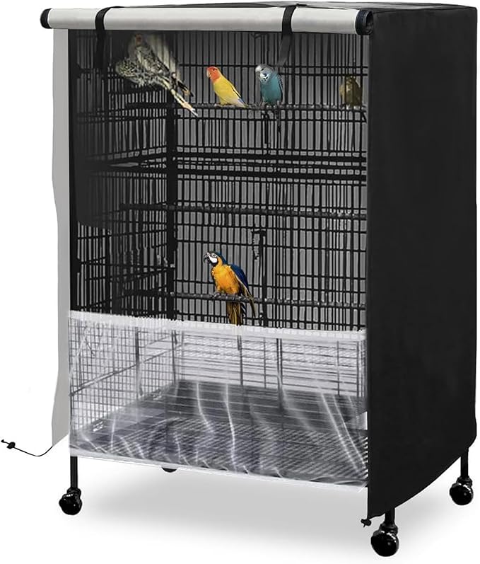 Bird Cage Cover, 600D Universal Parrot Cage Cover for Night, 100% Shading Oxford Cloth with Waterproof PU Coating Layer, Adjustable Soft Airy Nylon Mesh Net