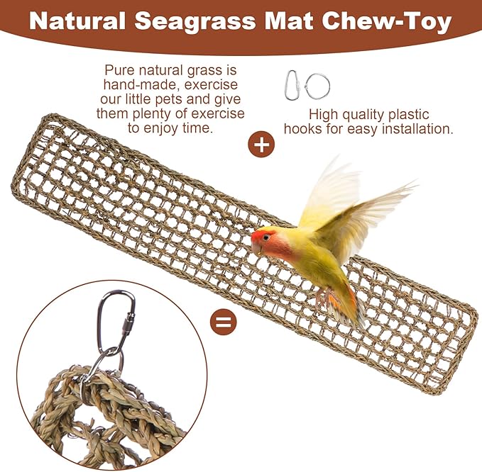 39.34 x 7.08 Inch Large Seagrass Mat for Birds with 5 Hooks, Bird Cage Accessories, Natural Grass Woven Bird Net Hammock Mat, Climbing Rope Ladder Chew Toys