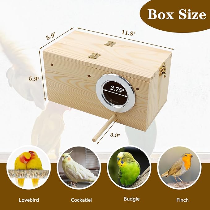 Large Parakeet Nesting Box for Cage,Transparent Bird Breeding Box Acrylic Parakeet Nest Natural Wood Bird Cage House for Parrot Cockatiel Budgies Canaries Lovebirds (L)