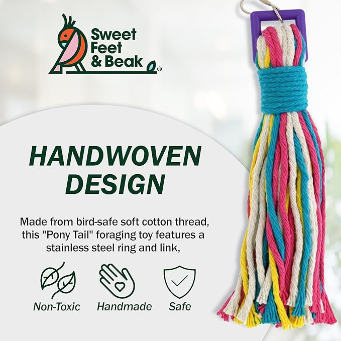 Sweet Feet & Beak Cotton 3”x11 Bird Rope Toy - Colorful Parrot Chew Toys for Shredding & Chewing - Engaging & Stimulating Bird Toys for Parrots, Small and Large Birds - Cage Accessories
