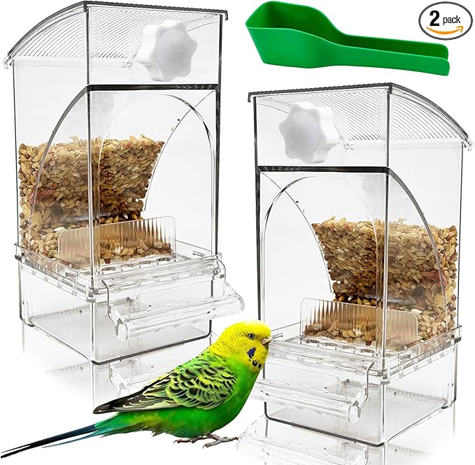 Hamiledyi 2Pcs No Mess Bird Feeder Automatic Bird Cage Feeder Transparent Acrylic Parrot Seed Food Container with Perch for Parakeet Finch Lovebirds Budgies Canary