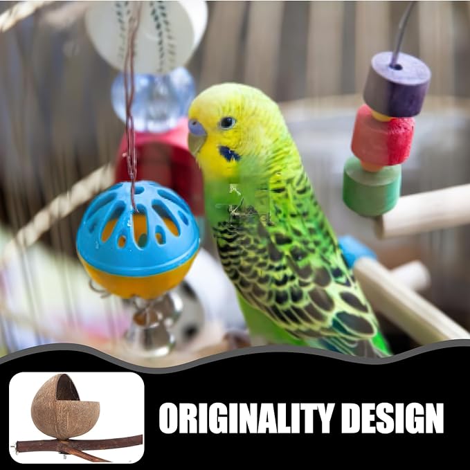 Ipetboom Coconut Bird Nest: Natural Coconut Shell Bird Nest - House Hut Cage with Perch Bell House - Hut Cage for Pet Parrot Parakeet