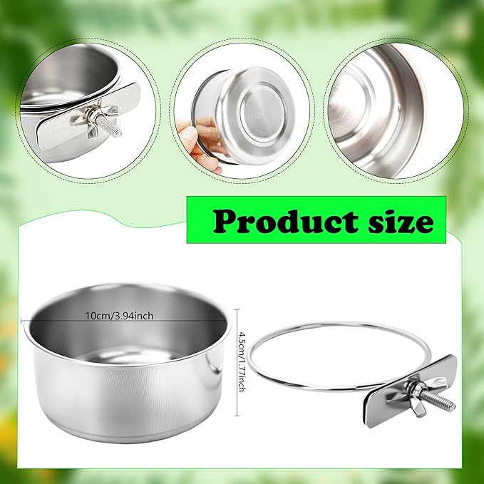 10 Pcs Bird Food Bowls Stainless Steel Parrot Cage Water Bowl Cups with Clamp Holder Parrot Feeding Dish Coop Cups Parakeet Cockatiel Conure Lovebird Budgies Chinchilla Small Pet Animal