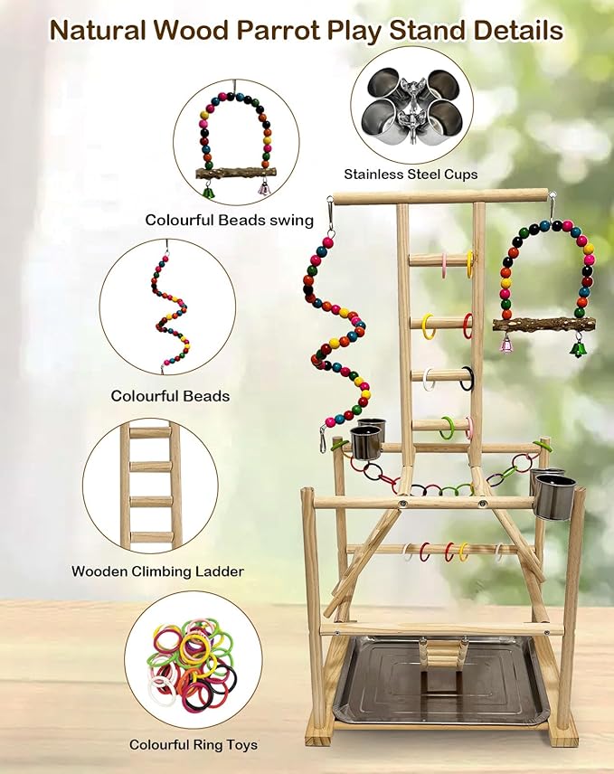 Bird Play Stand, Large Parakeet Playground, Natural Wood Parrot Perch Stand, Birds Play Gym Cockatoos Cage Accessories with Feeder Cups Swings for Cockatiel Budgie Conure