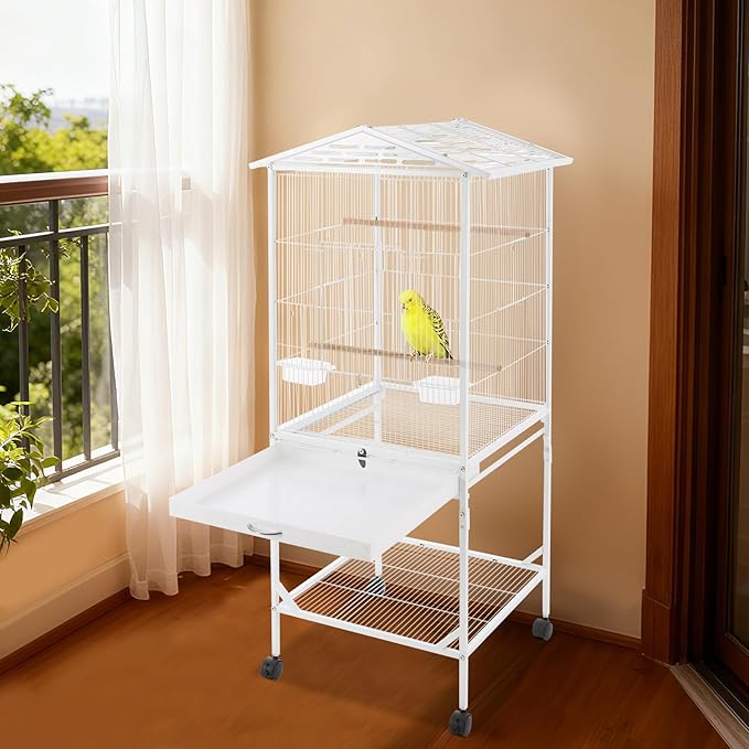 Extra Large Bird Cage 54Inch Wrought Iron Bird Cage with Rolling Stand Metal Parrot Cage with Open Play Top Perch Stand for Conures Lovebirds Cockatiels Finches (White)