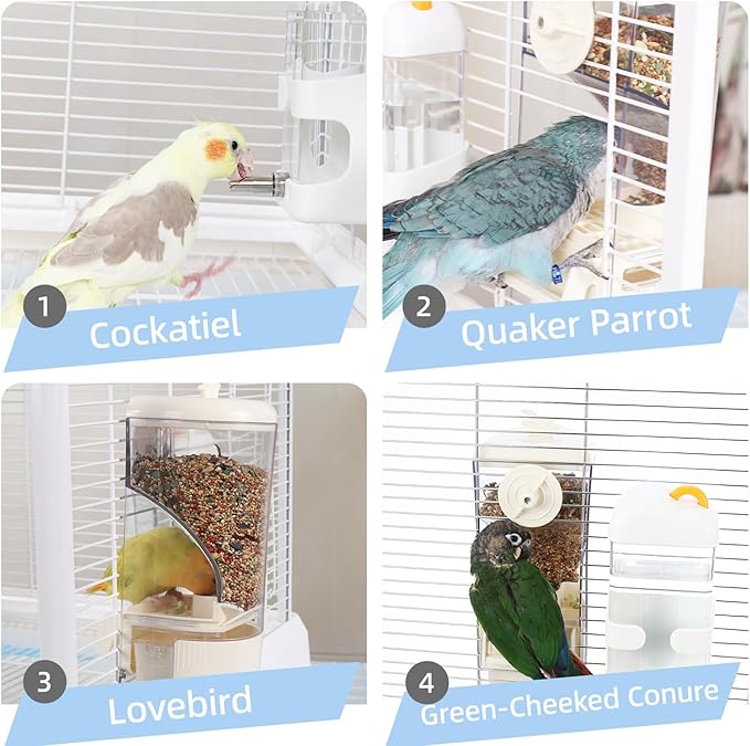 No-Mess Bird Feeder & Waterer Set for Cage, 300ml Auto Feeder with Seed Hull Catcher & 400ml Stainless Steel No-Backflow Drinker, for Cockatiels Conures Parakeets