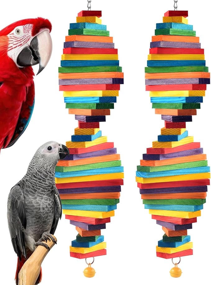 Bissap 2 PCS Bird Chew Toys, 20.8‘’ Multicolored Bagel Cascade Medium Large Parrot Chewing Sticks Biting Wooden Blocks Toy for Big Amazon Senegal Cockatoos Macaws African Grey Similar Sized Pet Birds