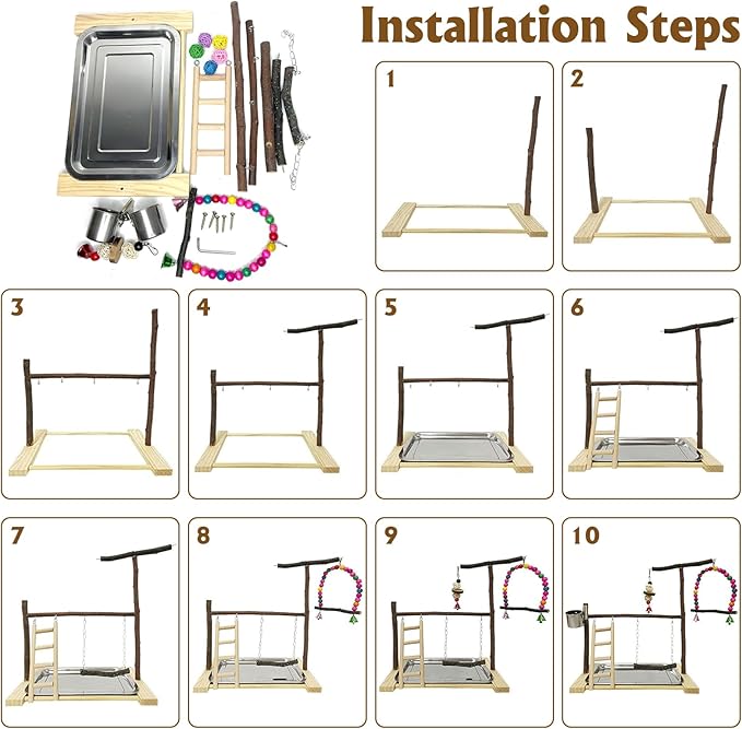 Bird Playground Parrot Playstand Parakeet Gym Playpen Cockatiel Play Stand Wood Perch Exercise Activity Center Ladders Feeder Cups Cage Accessories Swing Chew Toys for Cockatoo Budgie Lovebird Finch