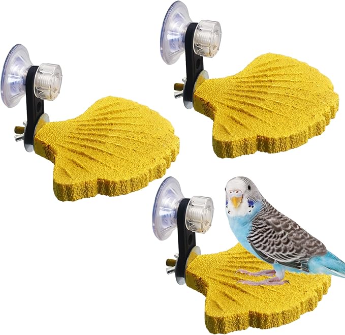 3PCS Bird Beak Grinding Stone with Suction Cups for Small Birds Foot Claws Trimmer Bird Stand Platform Parakeet Cage Perch Parrot Cage Accessories for Indoor Window Viewing (Yellow)