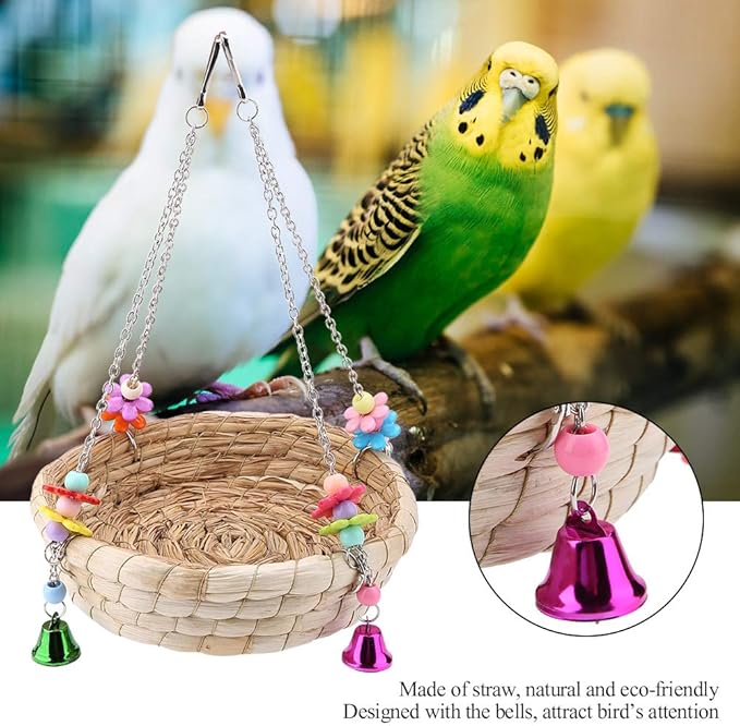 TOPINCN Nest Straw Reusable Bird Lovebird Bite Toy Basket Bed Hanging on Birdcage