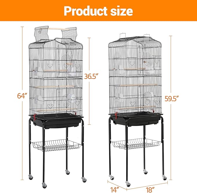 Garvee 64Inch Open Top Bird Cage Rolling Parrot Cage with Detachable Shelf Stand Bird Cage with 4 Feeding Bowls/Side-Out Tray for Cockatiel Cockatoo Parakeet Macaw Finches, Black