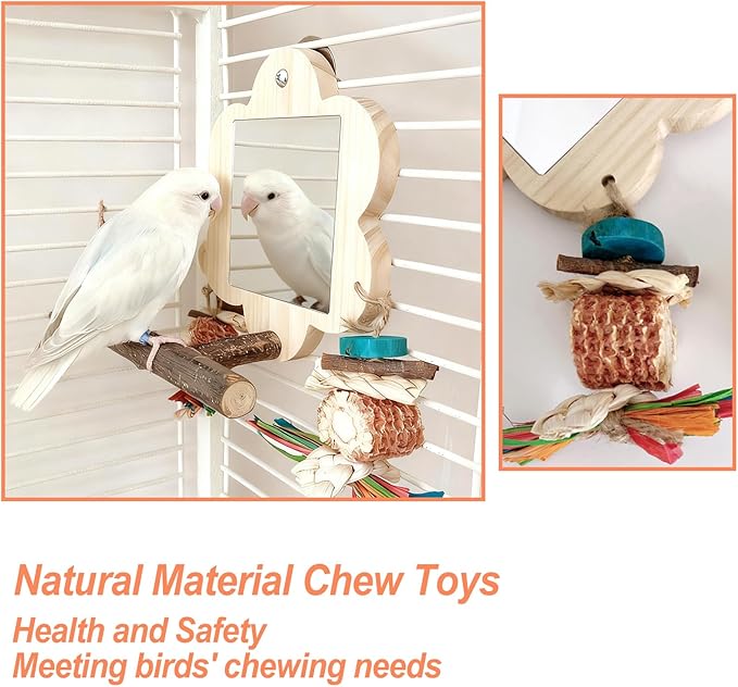 Bird Mirror with Perch, Cockatiel Mirror for Cage, Parakeet Toys with Chew Toy,Bird Cage Accessories for Parrot Conure Lovebirds Finch Canaries (Corn Cob)