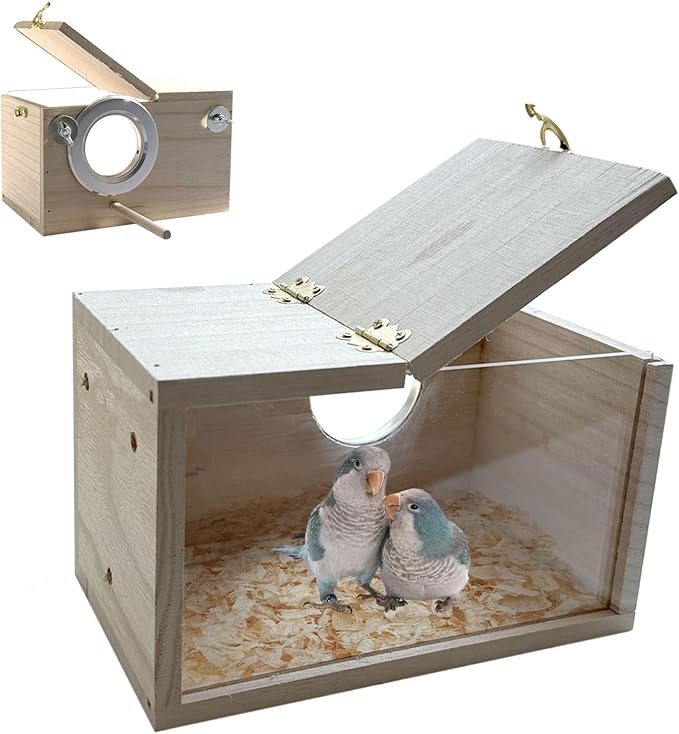 Parakeet Nesting Box, 7.87 X 4.72 X 4.72 inch Transparent Bird Nest Breeding Box with Perch Parrot Mating Box Wood Bird House Aviary for cage (S Horizontal Transparent+Wood)