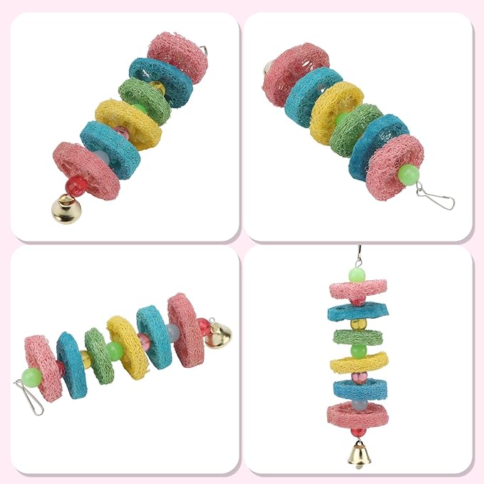 Hypeety Bird Toys Parrot Hanging Chew Toys Natural Colorful Loofah Shred and Preen Swing Bird Bell Cage Parrot Toys