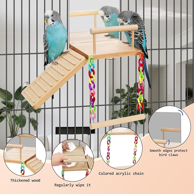 Bird Perches Platform Swing with Bird Mirror Climbing Ladder Birds Toys Cage Accessories for Cockatiels, Lovebirds, Pacific Parrotlets,Chinchilla, Hamster Play Gym Exercise Stand (with Mirror)