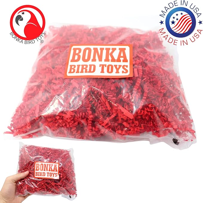 Bonka Bird Toys Colored Crinkle Shred Paper Chew Forage Nesting Treat Natural Multi-Use Craft Part Projects Cockatiels Parakeets Conures Amazons and Other Similar Birds (Red)