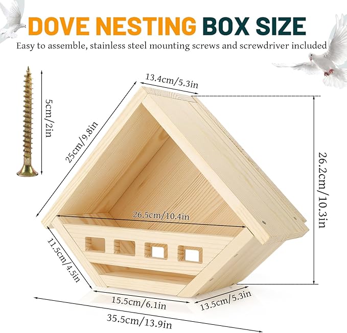 Dove Nesting Box, Wood Dove Bird House, Waterproof Bird Houses for Outside, Pigeon Nest Fits for Small to Medium-Sized Birds, Safe Backyard Birding Supplies, Garden Decor (Natural)