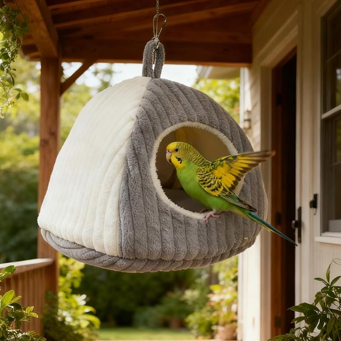 Bird Hanging Hammock Nest Parrot with Soft Plush Hanging Hammock & Hut Tent for Cage Winter Bird Hideaway Hut for Cockatiels Budgies Parakeets Lovebirds Conures Hamsters (Grayish White M)