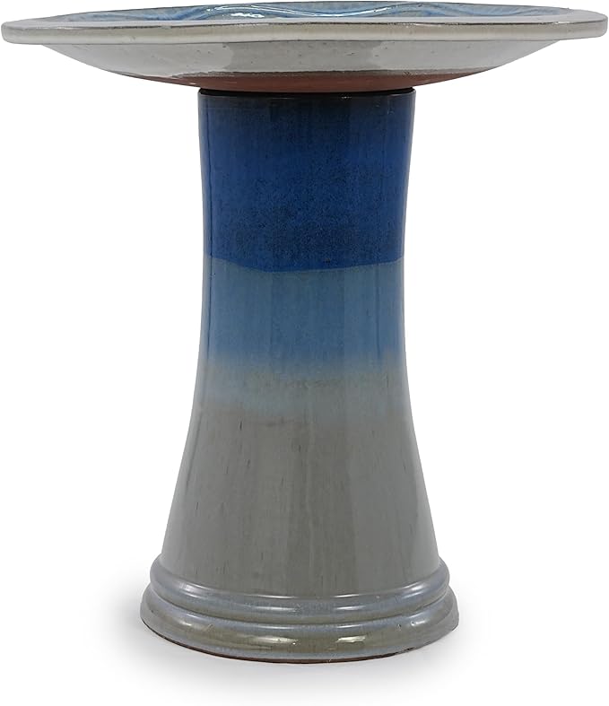 Ceramic Bird Bath for Outdoors, 18" H Weather-Resistant Birdbath for Garden Bird Watching, Pedestal Glazed Birdbaths, Sapphire Blue