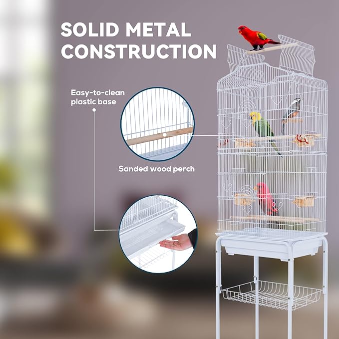 Birdcages, 64 in Play Open Top Indoor/Outdoor Iron Large Bird Cage, Floor-Standing with Casters Detachable Rolling Stand Parrot Cage for Parrots Conures Lovebird Cockatiel Parakeets (White)